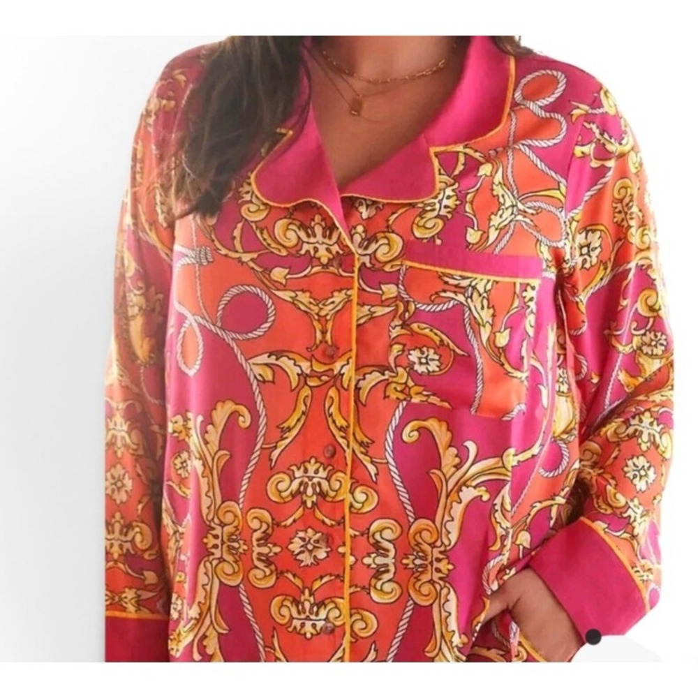 Anthropologie Women Pink Baroque Chain Print Pajama Top 2X Button Sleepwear